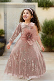 Peach Sequin Party Frock with Oversized Floral Bow For Girls