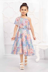 Classic Blue Printed Sleeveless Frock For Girls