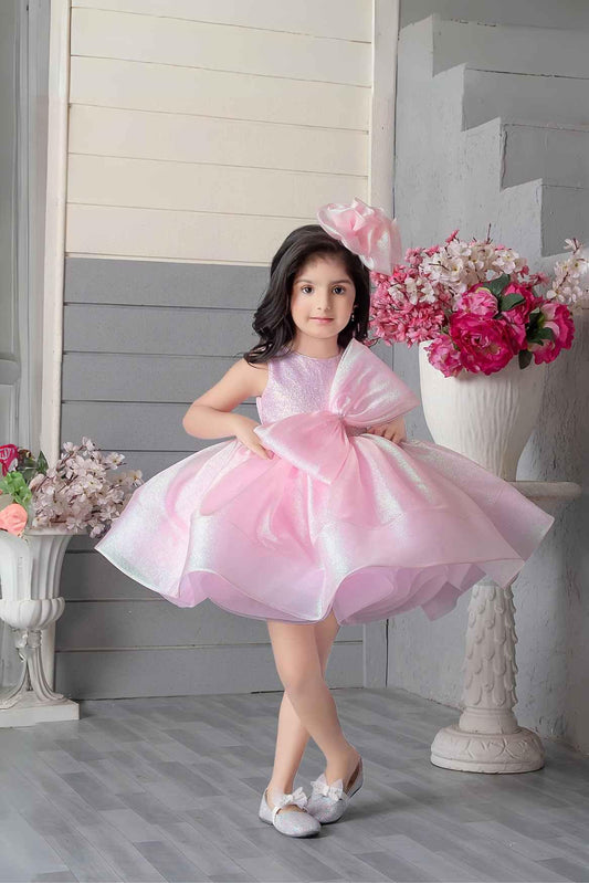 Pink Shimmer Organza Frock With Bow Embellishment For Girls