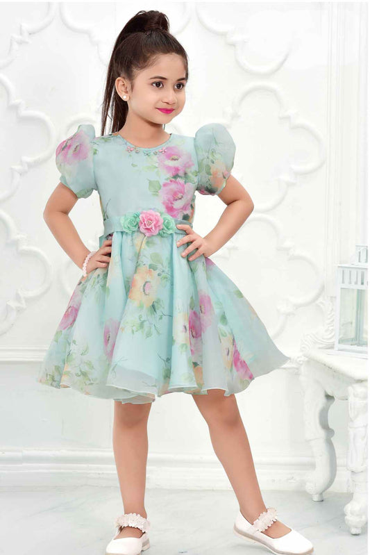 Green Organza Floral Printed Frock For Girls