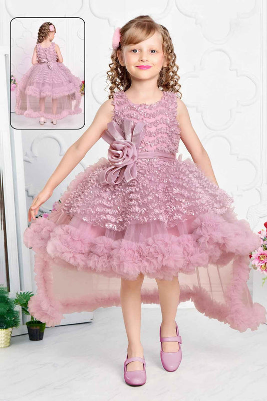 Pink Net Party Wear Tailback Frock Embellished With Floral For Girls