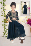 Teal Blue Sequins Worked And Embroidered Palazzo Set With Overcoat For Girls