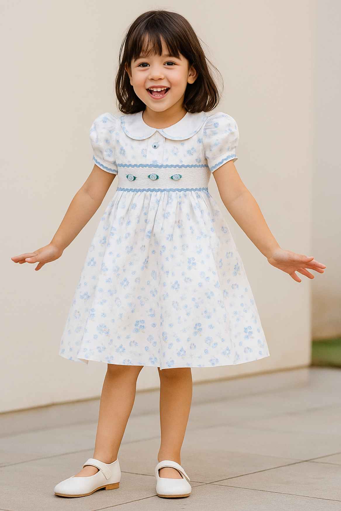 White Blue Floral Smocked Dress with Peter Pan Collar For Girls
