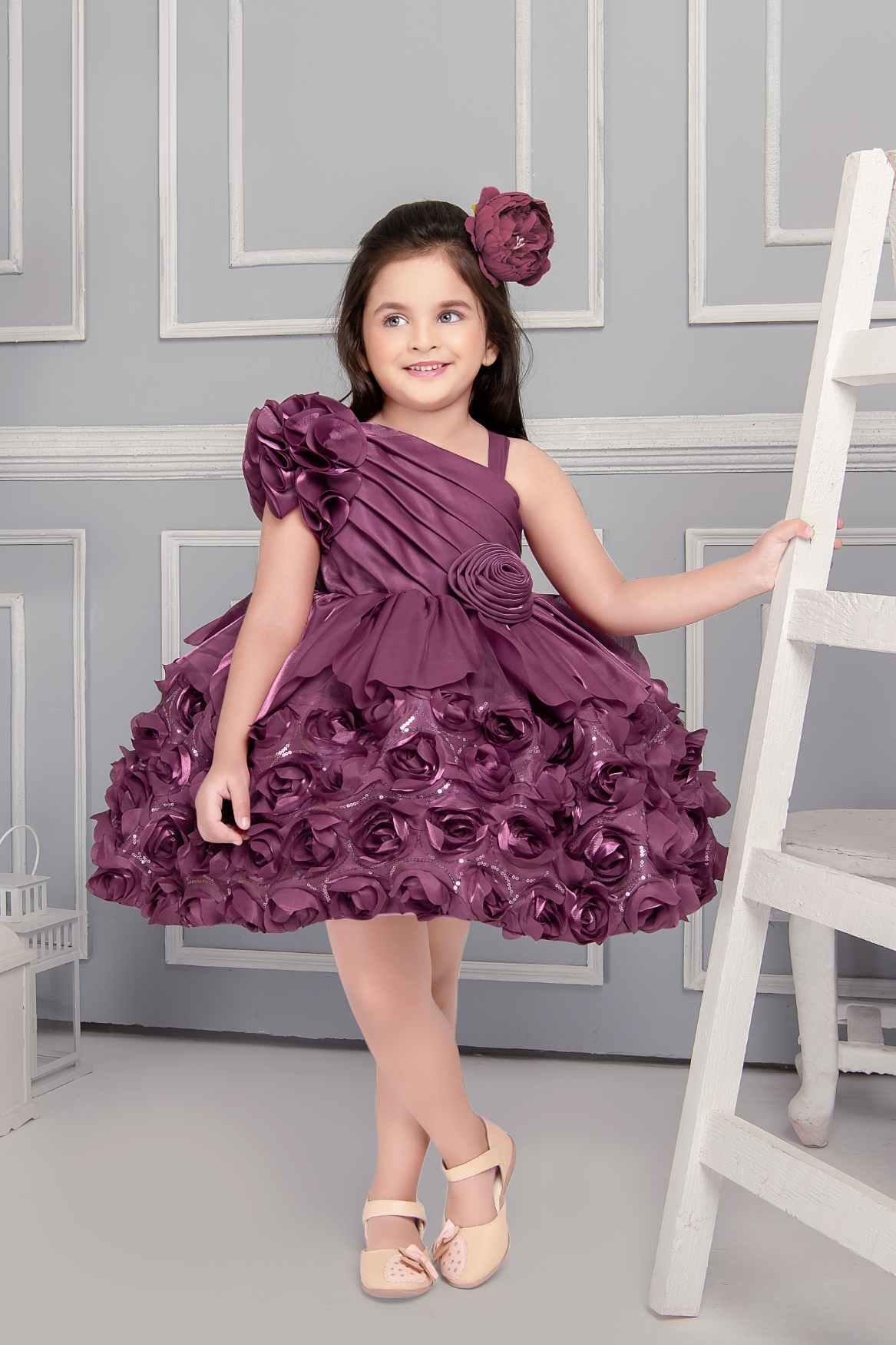 Designer Wine One Side Sleeve Frock With Floral Embellishment For Girls - Lagorii Kids