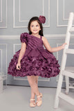Designer Wine One Side Sleeve Frock With Floral Embellishment For Girls - Lagorii Kids