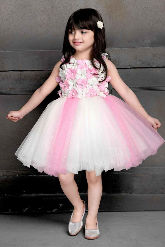 Pink Double Shaded Frock Embellished With 3D Flowers For Girls