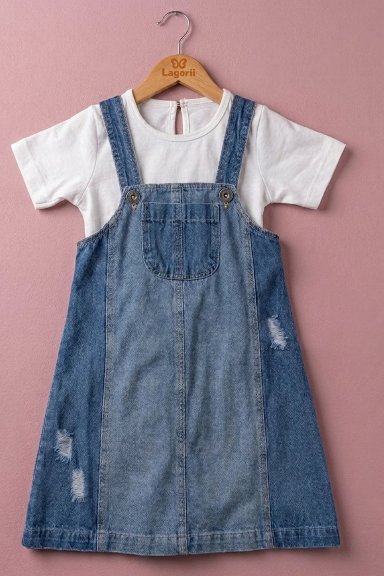 Girls Blue Denim Dungaree Dress with White Tee – Lagorii Kids