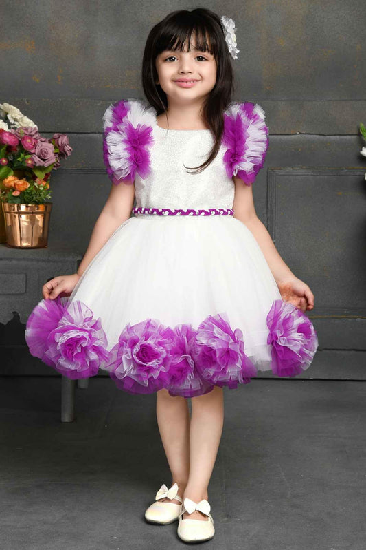 White Frock Embellished With Wine Color Flowers For Girls