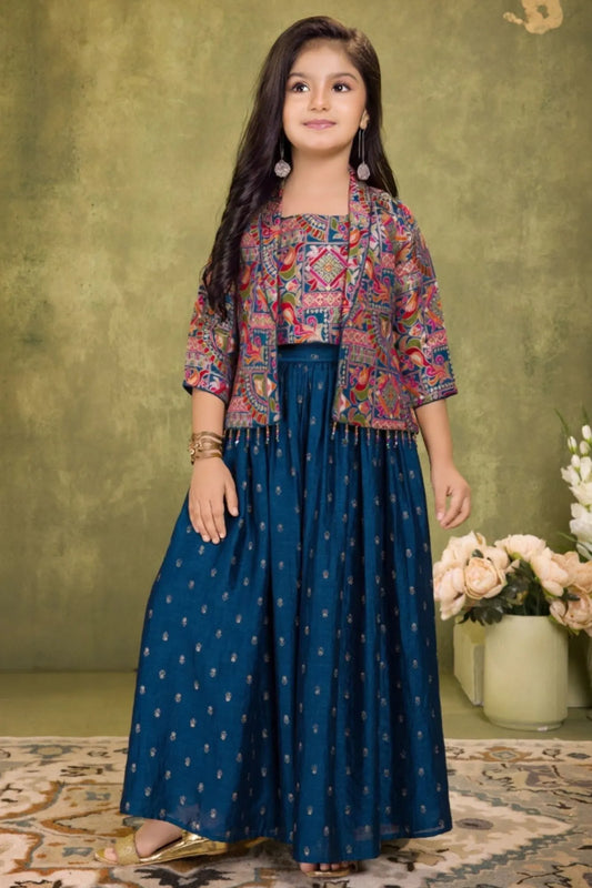 Teal Blue Printed Palazzo Set with Multicolor Jacket For Girls