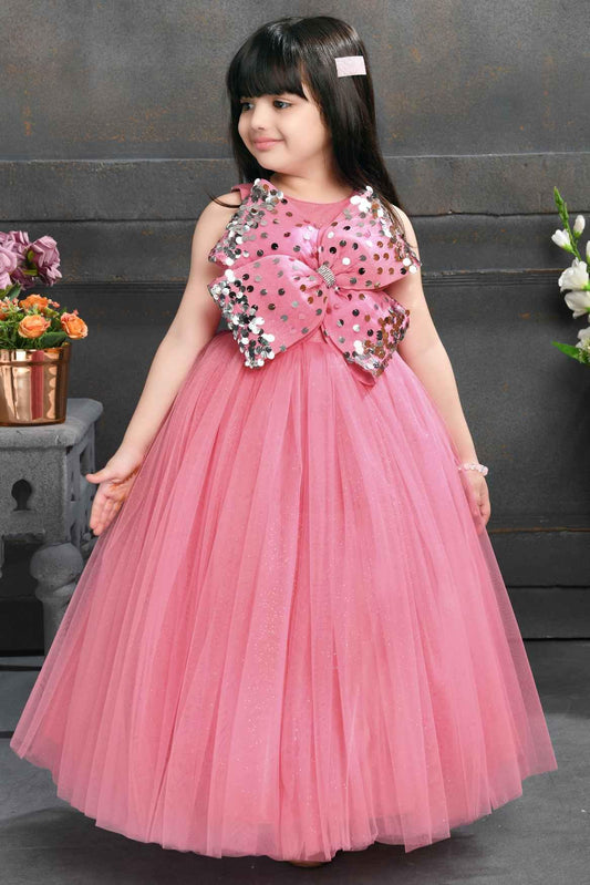 Designer Pink Gown Embellished With Sequin Bow For Girls