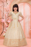 Elegant Cream Silk Embroidered Gown with Zari Border For Girls