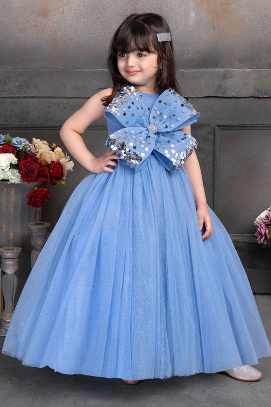 Designer Blue Gown Embellished With Sequin Bow For Girls