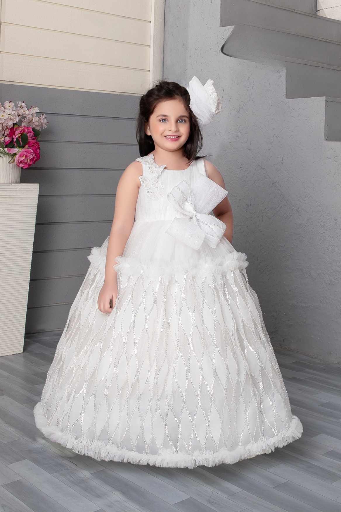 White Sequin Net Party Wear Gown Embellished With Bow For Girls 3-4Y(20)