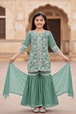Sea Green Thread Embroidered Short Kurti with Sharara and Dupatta For Girls