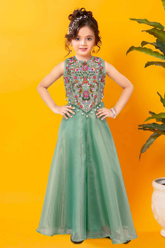 Pista Green Sequins Work With Thread Embroidery For Palazzo Set For Girls