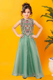 Pista Green Sequins Work With Thread Embroidery For Palazzo Set For Girls
