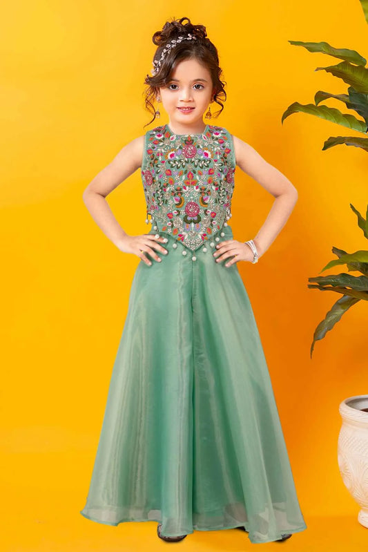 Pista Green Sequins Work With Thread Embroidery For Palazzo Set For Girls