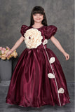Wine Embellished Party Gown with Oversized Ivory Floral Appliqué For Girls