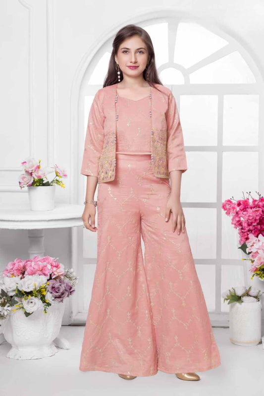 Peach Sequins Embroidered Palazzo Set With Overcoat For Girls