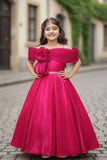 Rani Pink Off-Shoulder Pleated Bow Party Gown For Girls