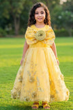 Yellow Sequin Party Gown with 3D Floral Bow For Girls