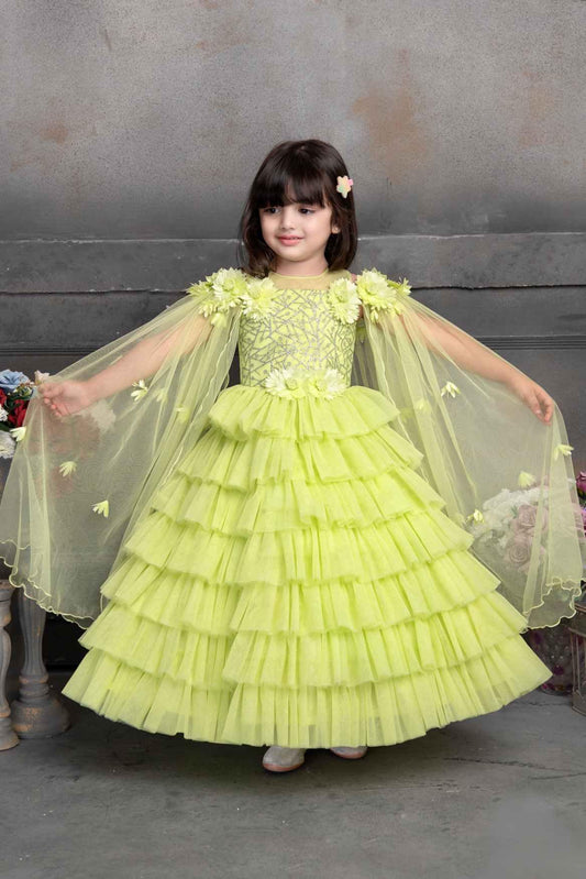 Yellow Ruffle Shimmery Gown For Girls