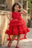 Red Ruffle Layered High-Low Party Frock For Girls