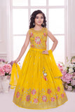 Yellow Floral Embroidered Lehenga Choli Set with Dupatta For Girls