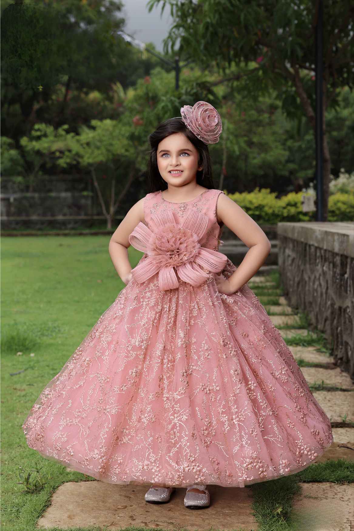 Peach Gown With Floral Embellished And Shimmer For Girls 6-7Y(26)