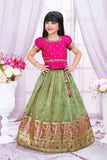 Pink And Olive Green Pattu Pavadai Set With Mirror Embroidery For Girls
