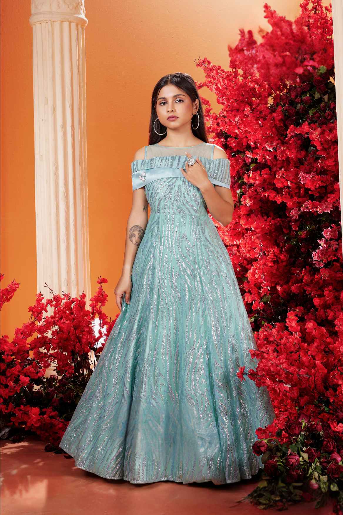 Mint Green Shimmer Printed And Pearl Embellished Party Wear Gown For G Lagorii Kids Mint Green Shimmer Printed And Pearl Embellished Party Wear Gown For G Lagorii Kids