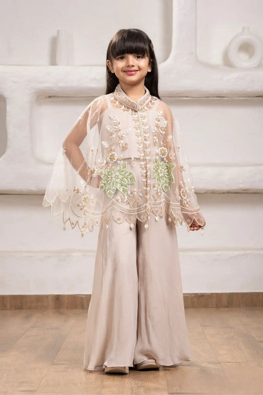 Beige Cape Style Palazzo Set With Sequin Floral Embroidery For Girls