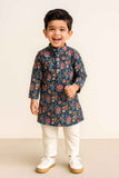Navy Printed Kurta With Cream Pants For Boys