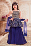 Navy Blue Embroidered Peplum Top Palazzo Set for Girls