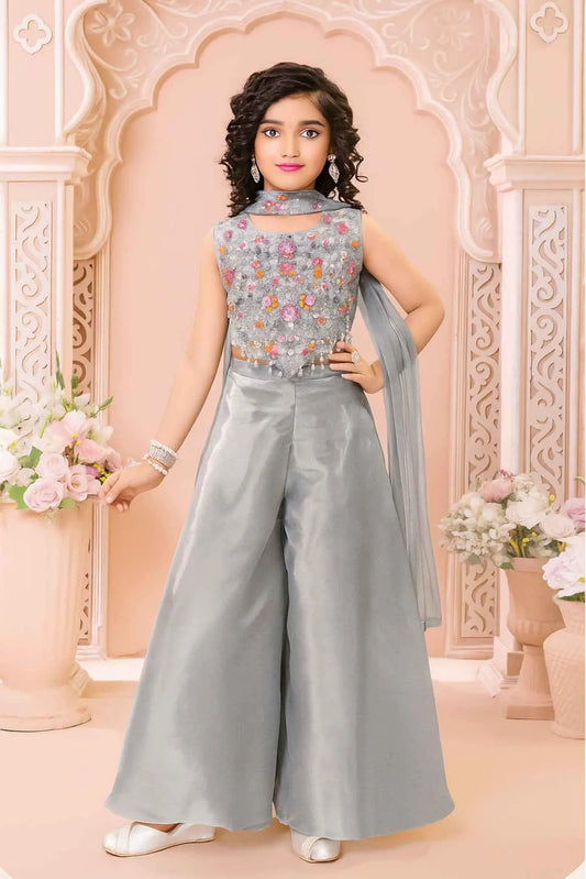 Grey Palazzo Set with Multicolor Embroidered Top and Dupatta