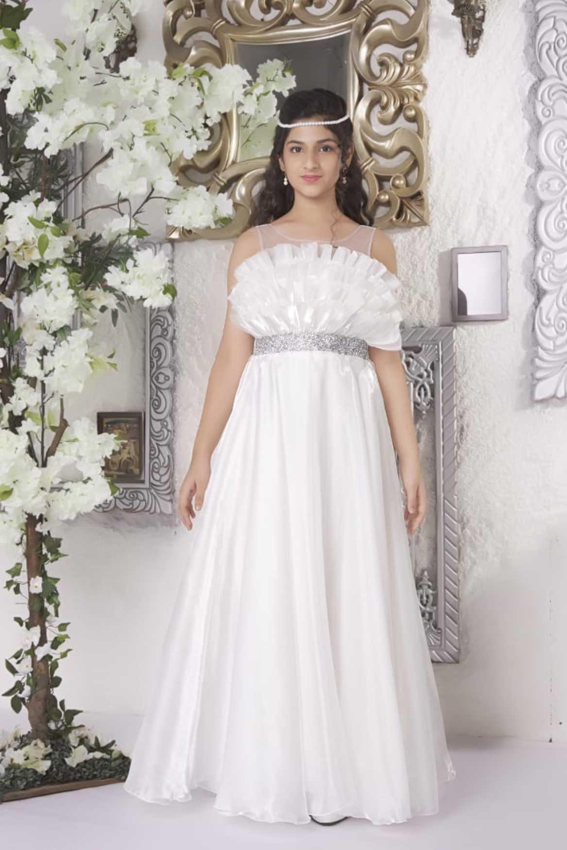 Designer White With Ruffled Satin Gown For Girls – Lagorii Kids
