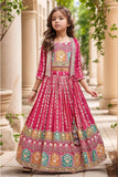 Red Sequin Work And Embroidered Lehenga Choli Set With Overcoat For Girls