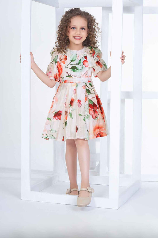 Fancy White Floral Printed Frock For Girls