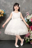 White Sequin Party Wear Frock with Floral Appliqué for Girls