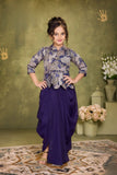 Purple Draped Indo-Western Dhoti Set with Floral Peplum Top For Girls