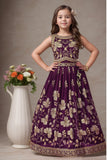 Wine Sequin Work And Zari Embroidery Lehenga Choli Set For Girls