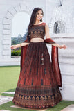 Brown Printed Crop Top with Pleated Lehenga and Dupatta For Girls