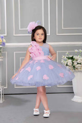 Blue Net Party Wear Frock Embellished With Grey Lace For Girls