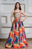 Multicolor Abstract Print Embellished Ethnic Gown For Girls
