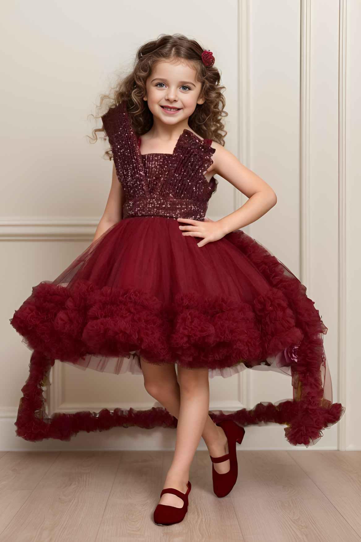 Designer Maroon Sequin Partywear Net Tailback Frock For Girls