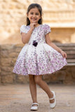 Cream Floral Party Frock with Pink Rose Print & Puff Sleeves For Girls