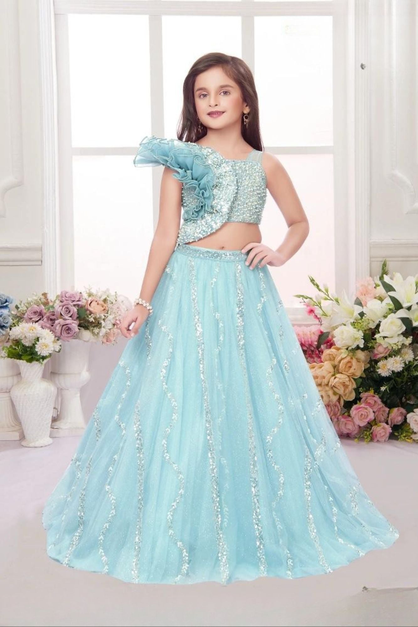 Ice Blue Sequin Lehenga Choli With Ruffle For Girls 12-13Y (34) Ice Blue Sequin Lehenga Choli With Ruffle For Girls 12-13Y (34)