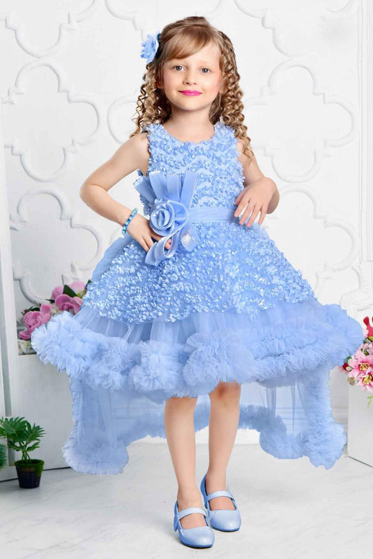Blue Net Party Wear Tailback Frock Embellished With Floral For Girls