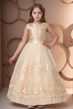 Designer Gold Embellished Net Party Gown With Floral Embellishment For Girls