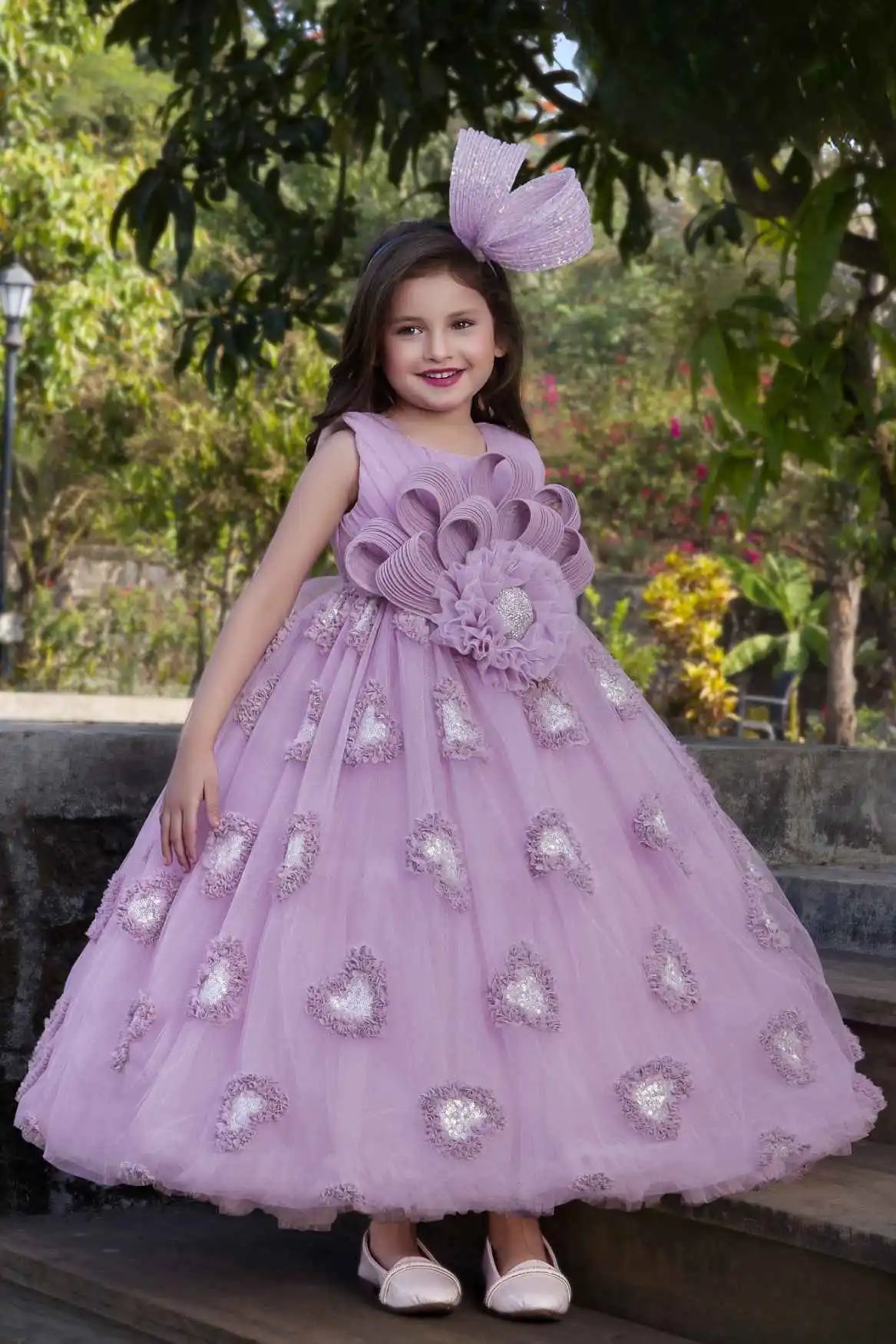 Lavender Floral Embellished Party Wear Gown With Sequin Detailing For Girls 5-6Y(24)
